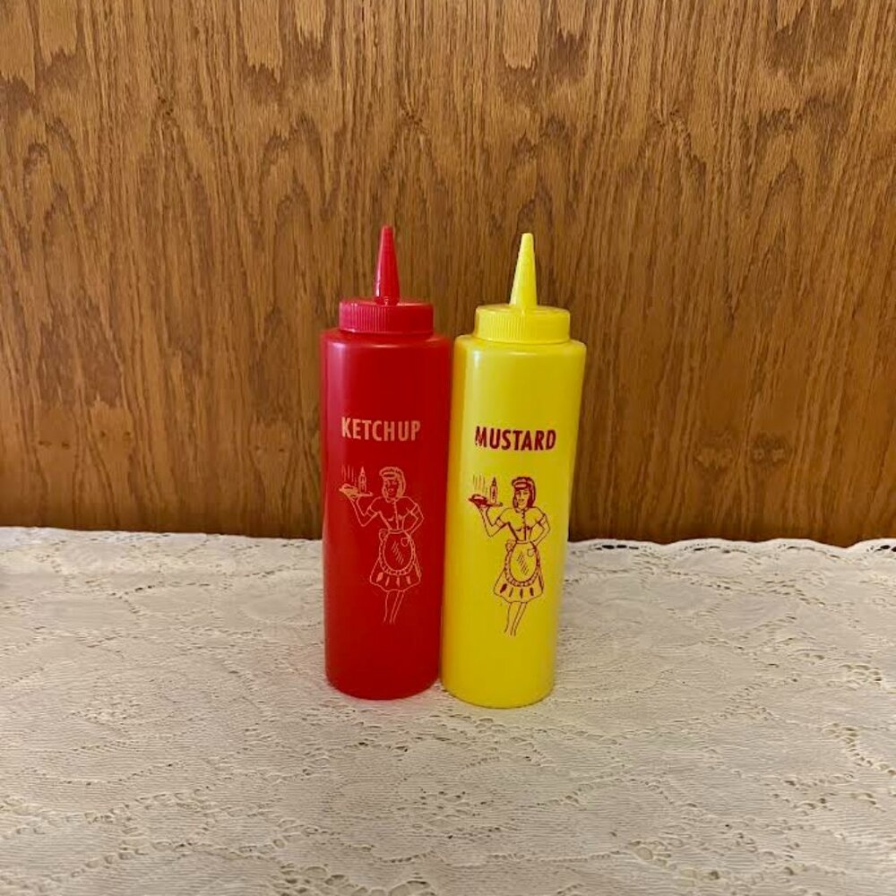 Vtg Tablecraft Diner Waitress Graphic Plastic Ketchup Mustard Squeeze Bottle Set